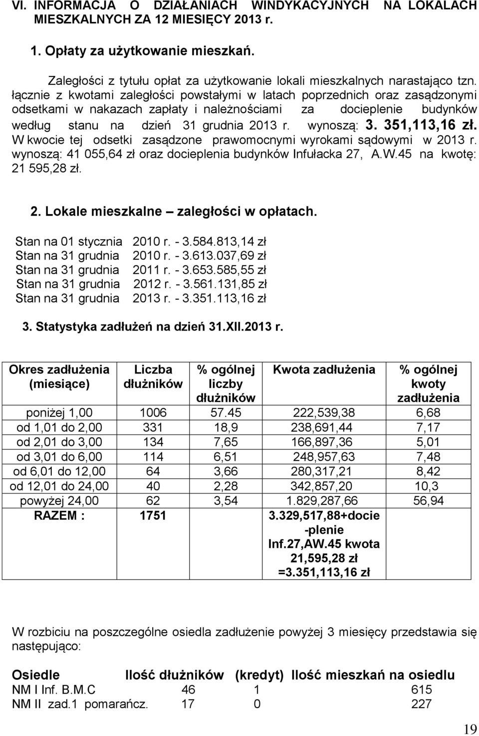 łącznie z kwotami zaległości powstałymi w latach poprzednich oraz zasądzonymi odsetkami w nakazach zapłaty i należnościami za docieplenie budynków według stanu na dzień 31 grudnia 2013 r. wynoszą: 3.