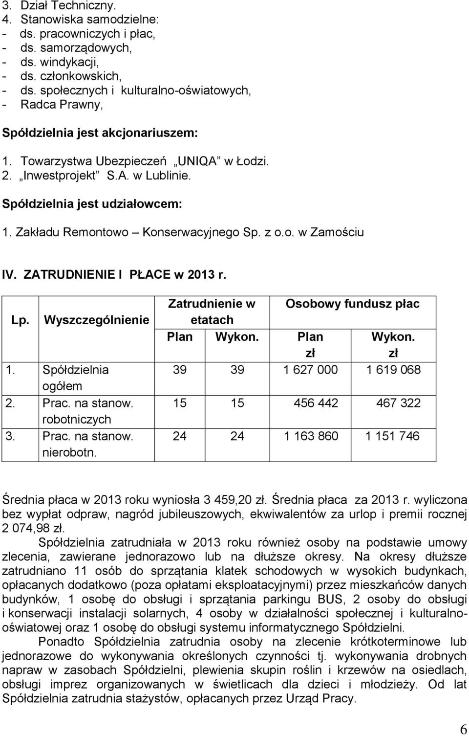 Zakładu Remontowo Konserwacyjnego Sp. z o.o. w Zamościu IV. ZATRUDNIENIE I PŁACE w 2013 r. Wyszczególnienie 1. Spółdzielnia ogółem 2. Prac. na stanow. robotniczych 3. Prac. na stanow. nierobotn.