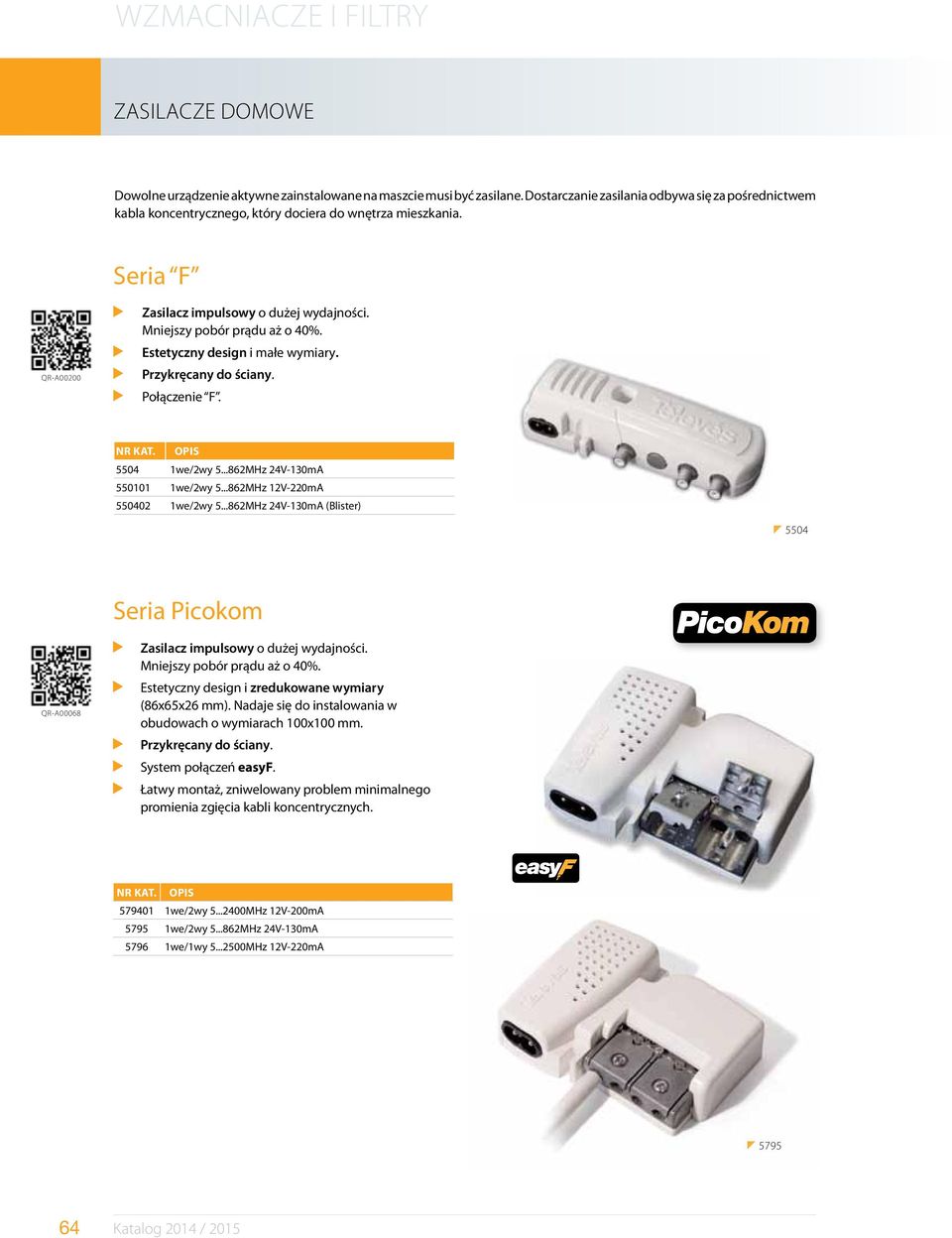 ..862MHz 24V-130mA 550101 1we/2wy 5...862MHz 12V-220mA 550402 1we/2wy 5...862MHz 24V-130mA (Blister) z 5504 Seria Picokom QR-A00068 Zasilacz impulsowy o dużej wydajności.