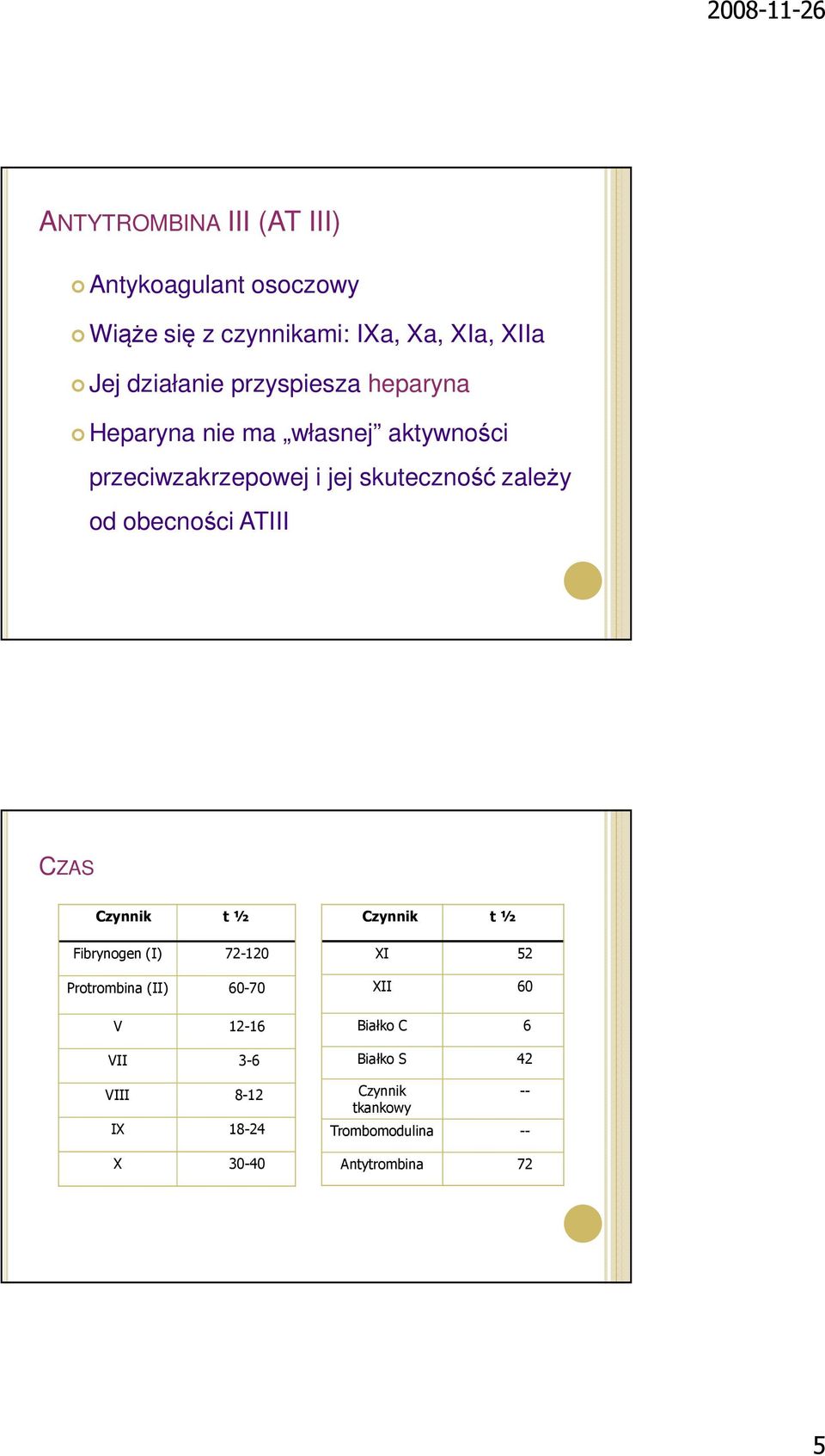 obecności ATIII CZAS Czynnik t ½ Czynnik t ½ Fibrynogen (I) 72-120 Protrombina (II) 60-70 V 12-16 VII 3-6