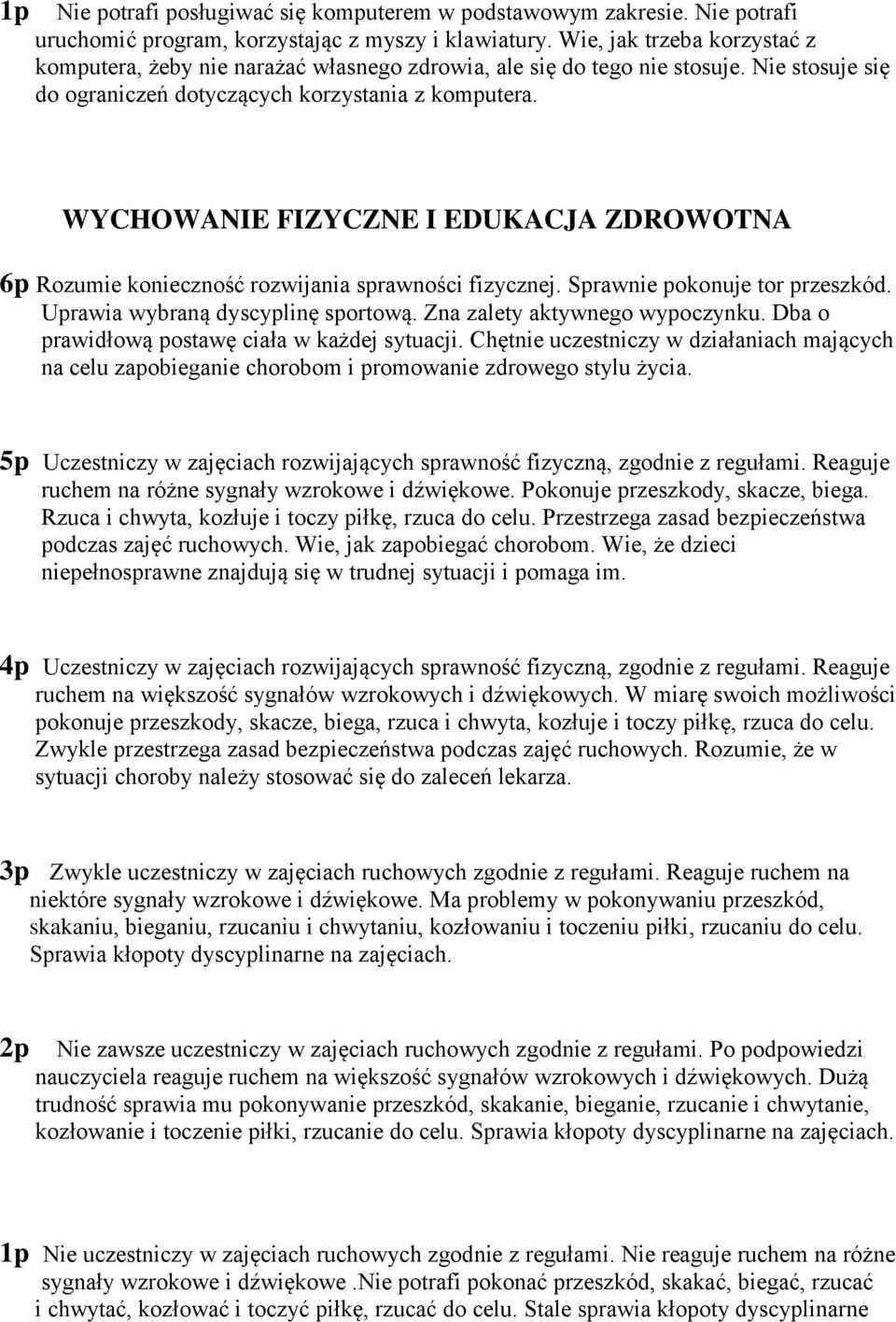 WYCHOWANIE FIZYCZNE I EDUKACJA ZDROWOTNA 6p Rozumie konieczność rozwijania sprawności fizycznej. Sprawnie pokonuje tor przeszkód. Uprawia wybraną dyscyplinę sportową. Zna zalety aktywnego wypoczynku.