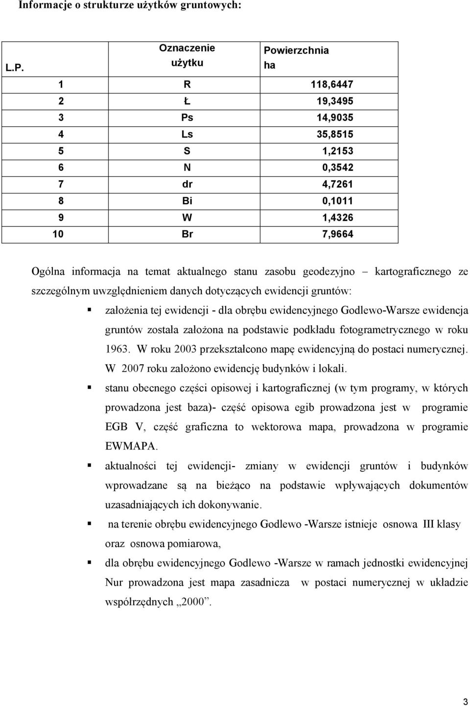 zasobu geodezyjno kartograficznego ze szczególnym uwzględnieniem danych dotyczących ewidencji gruntów: założenia tej ewidencji - dla obrębu ewidencyjnego Godlewo-Warsze ewidencja gruntów została