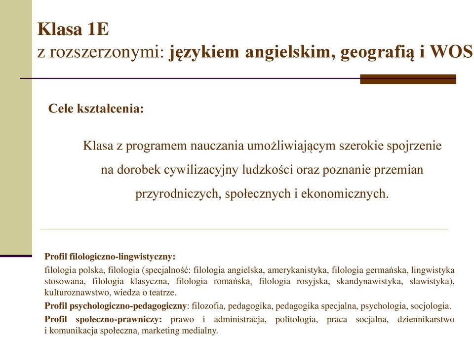 Profil filologiczno-lingwistyczny: filologia polska, filologia (specjalność: filologia angielska, amerykanistyka, filologia germańska, lingwistyka stosowana, filologia klasyczna, filologia