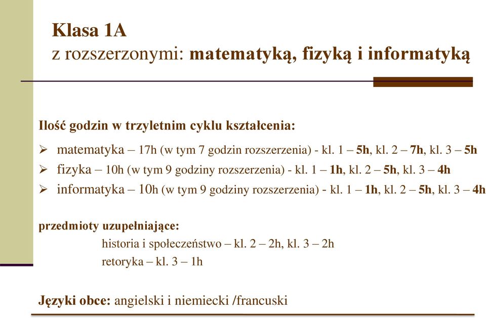 1 1h, kl. 2 5h, kl. 3 4h informatyka 10h (w tym 9 godziny rozszerzenia) - kl. 1 1h, kl. 2 5h, kl. 3 4h przedmioty uzupełniające: historia i społeczeństwo kl.