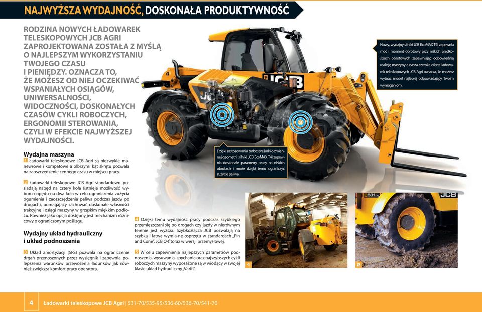 Nowy, wydajny silniki JCB EcoMAX T4i zapewnia moc i moment obrotowy przy niskich prędkościach obrotowych zapewniając odpowiednią reakcję maszyny a nasza szeroka oferta ładowarek teleskopowych JCB