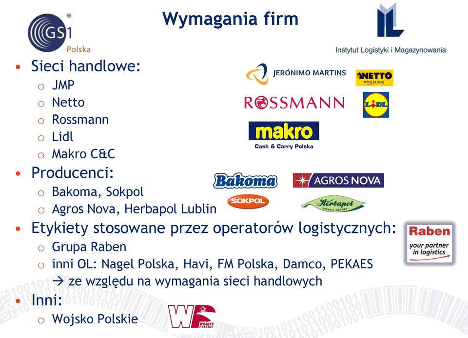 przez operatorów logistycznych: o Grupa Raben o inni OL: Nagel Polska, Havi, FM