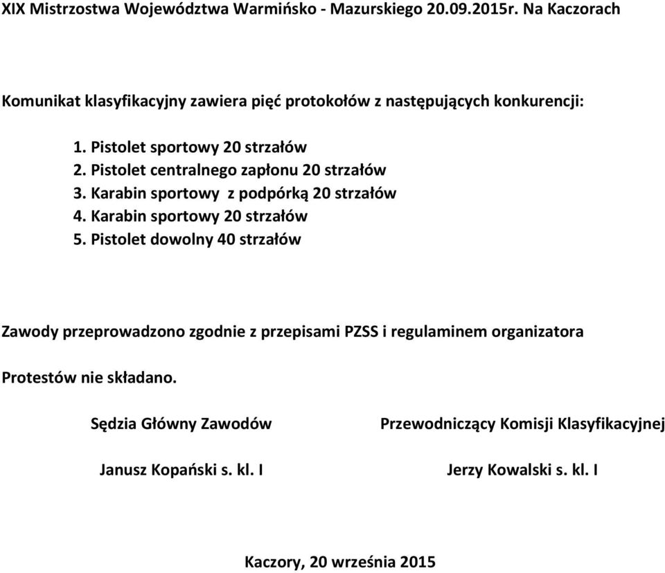 Pistolet centralnego zapłonu 20 strzałów 3. Karabin sportowy z podpórką 20 strzałów 4. Karabin sportowy 20 strzałów 5.