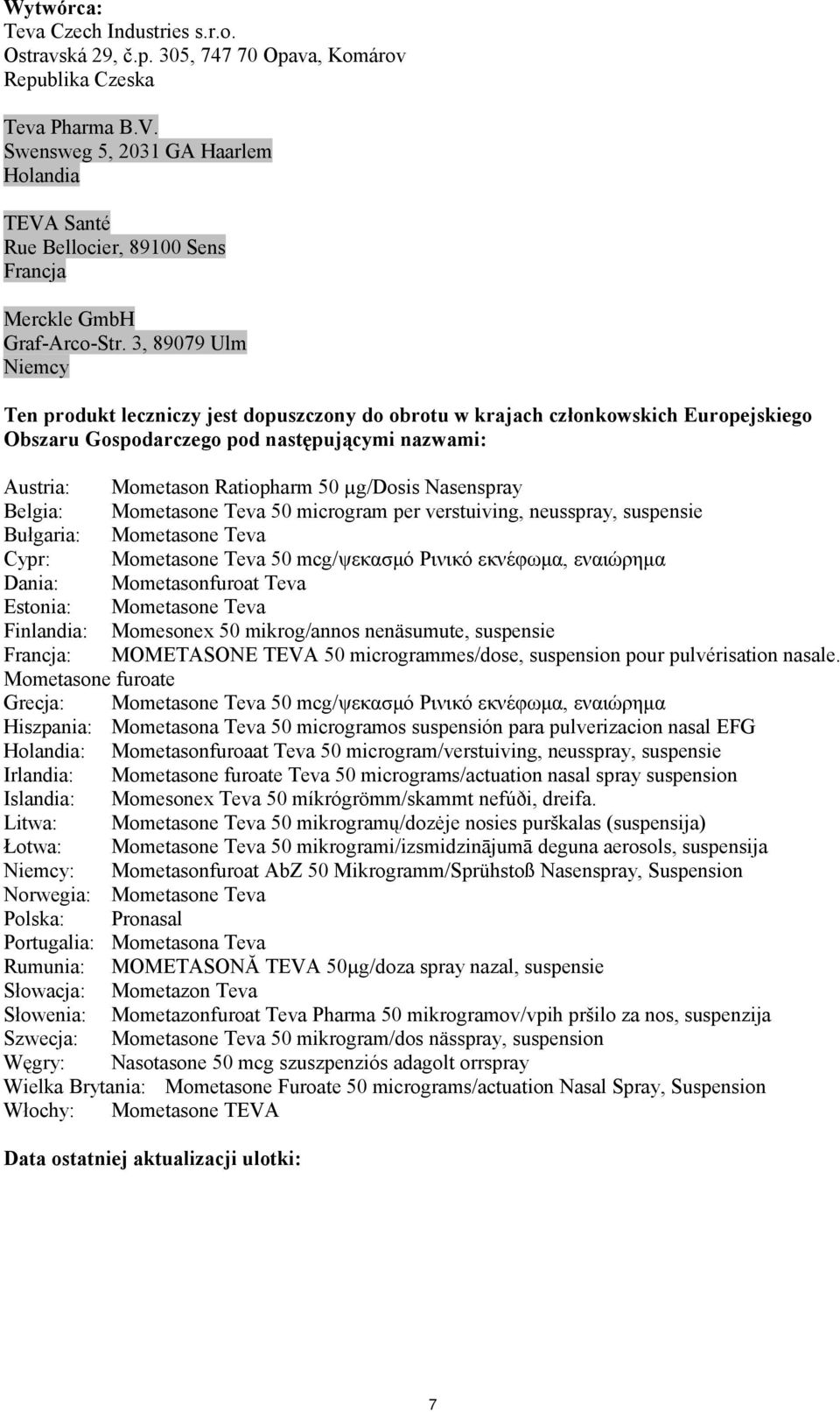 3, 89079 Ulm Niemcy Ten produkt leczniczy jest dopuszczony do obrotu w krajach członkowskich Europejskiego Obszaru Gospodarczego pod następującymi nazwami: Austria: Mometason Ratiopharm 50 µg/dosis