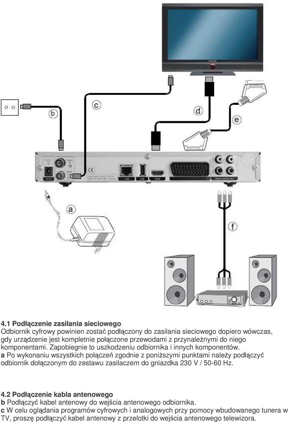 a Po wykonaniu wszystkich połcze zgodnie z poniszymi punktami naley podłczy odbiornik dołczonym do zestawu zasilaczem do gniazdka 230 V / 50-60 Hz. 4.