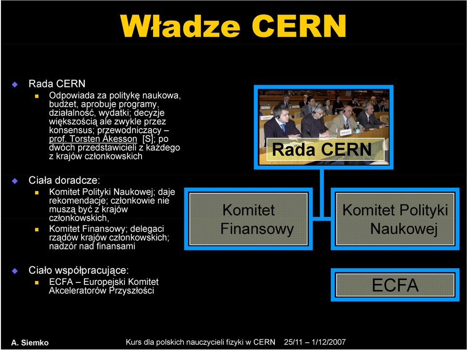 Torsten Ǻkesson [S]; po dwóch przedstawicieli z każdego z krajów członkowskich Rada CERN Ciała doradcze: Komitet Polityki Naukowej; daje