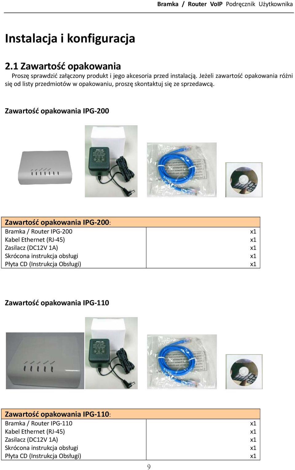 Zawartość opakowania IPG 200 Zawartość opakowania IPG 200: Bramka / Router IPG 200 Kabel Ethernet (RJ 45) Zasilacz (DC12V 1A) Skrócona instrukcja obsługi