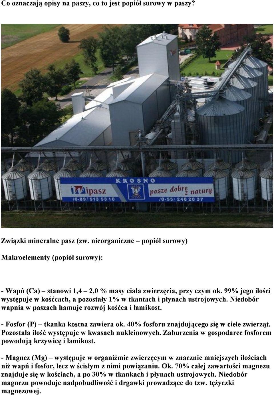 99% jego ilości występuje w kośćcach, a pozostały 1% w tkantach i płynach ustrojowych. Niedobór wapnia w paszach hamuje rozwój kośćca i łamikost. - Fosfor (P) tkanka kostna zawiera ok.