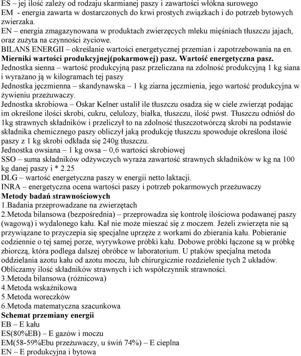 Mierniki wartości produkcyjnej(pokarmowej) pasz. Wartość energetyczna pasz.