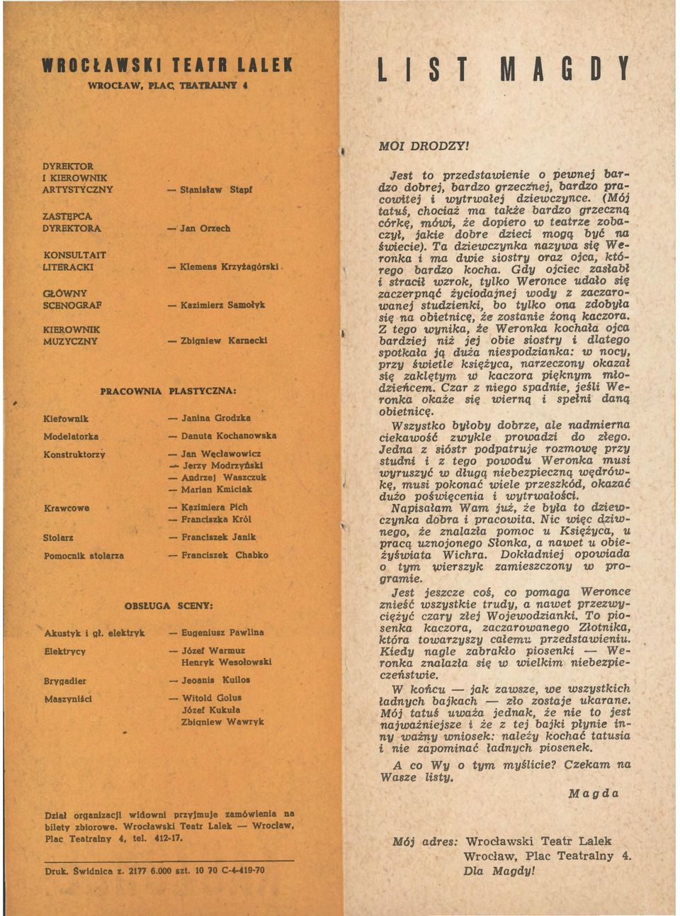 elektryk Elektrycy Bryqadler Maszyniści - Stanisław Stapf - Jan Orzech - Klemens Krzvta11órskl - Kazimierz Samołyk - Zblqnlew Kamecki PRACOWNIA PLASTYCZNA: - Janina Grodzka - Danuta Kochanowska - Jan