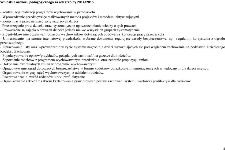 - Prowadzone są zajęcia o prawach dziecka jednak nie we wszystkich grupach systematycznie.