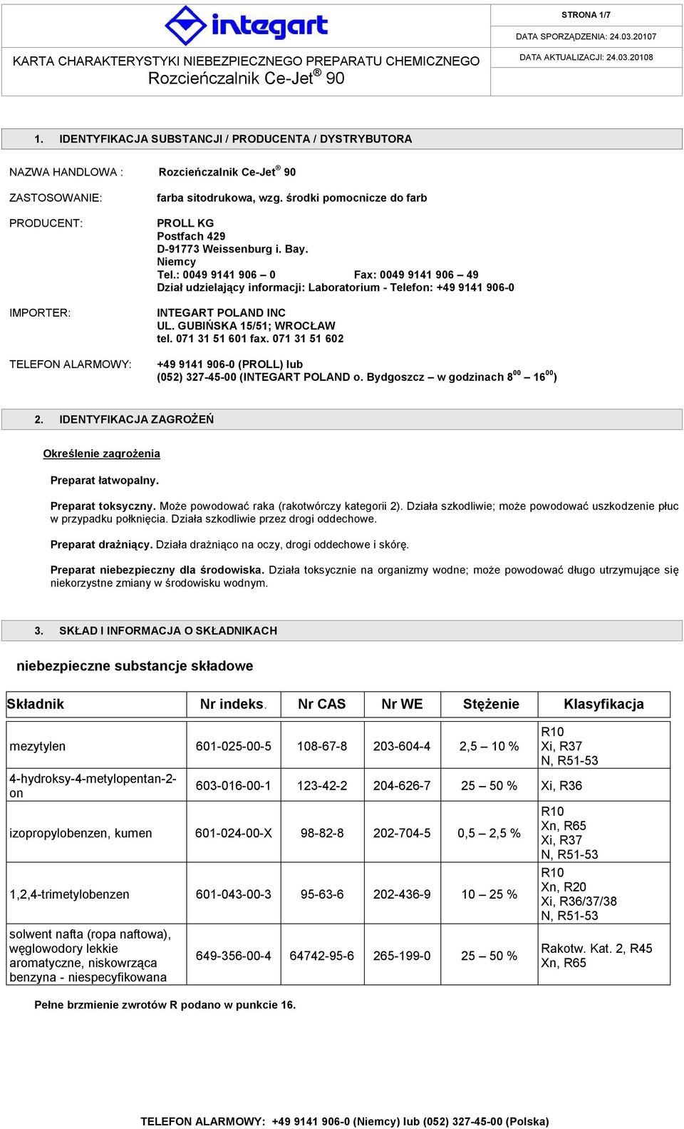 : 0049 9141 906 0 Fax: 0049 9141 906 49 Dział udzielający informacji: Laboratorium - Telefon: +49 9141 906-0 INTEGART POLAND INC UL. GUBIŃSKA 15/51; WROCŁAW tel. 071 31 51 601 fax.