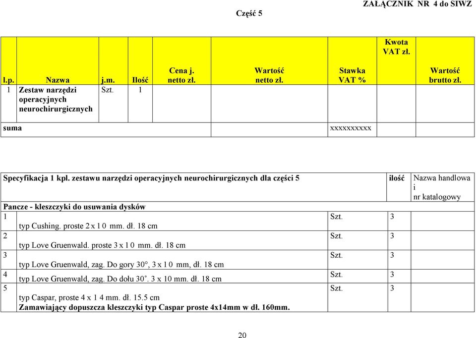 zestawu narzędzi operacyjnych neurochirurgicznych dla części 5 ilość Nazwa handlowa i nr katalogowy Pancze - kleszczyki do usuwania dysków 1 typ Cushing.