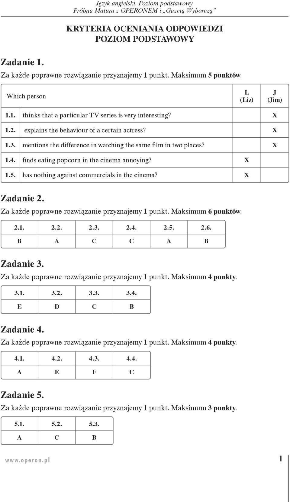 has nothing against commercials in the cinema? X Zadanie 2. Za każde poprawne rozwiązanie przyznajemy 1 punkt. Maksimum 6 punktów. 2.1. 2.2. 2.3. 2.4. 2.5. 2.6. B A C C A B Zadanie 3. 3.1. 3.2. 3.3. 3.4. E D C B Zadanie 4.