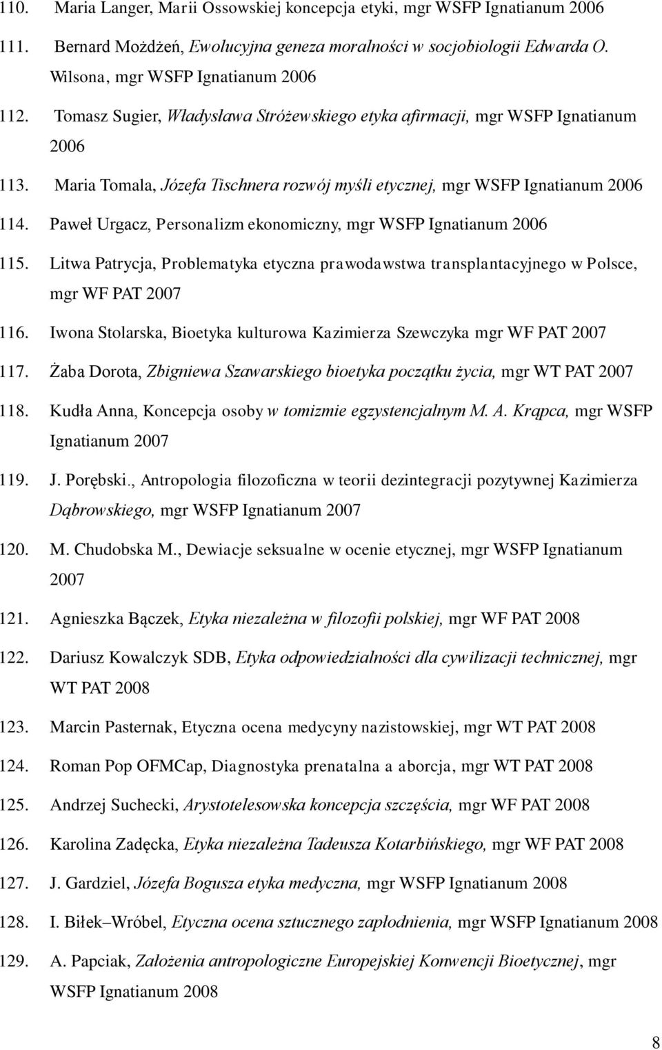 Paweł Urgacz, Personalizm ekonomiczny, mgr WSFP Ignatianum 115. Litwa Patrycja, Problematyka etyczna prawodawstwa transplantacyjnego w Polsce, mgr WF PAT 2007 116.
