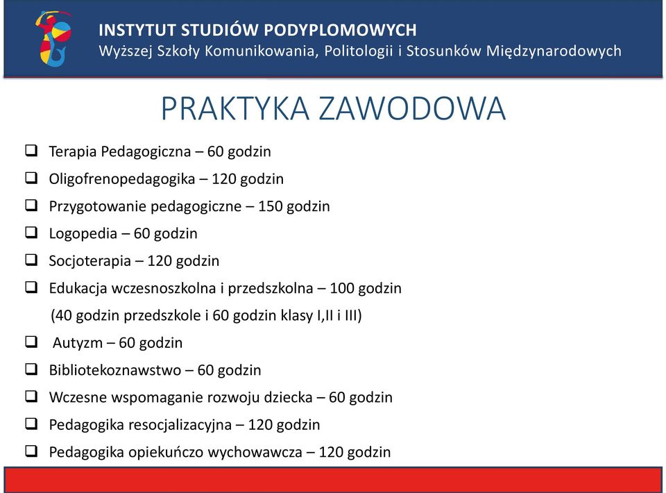 godzin przedszkole i 60 godzin klasy I,II i III) Autyzm 60 godzin Bibliotekoznawstwo 60 godzin Wczesne