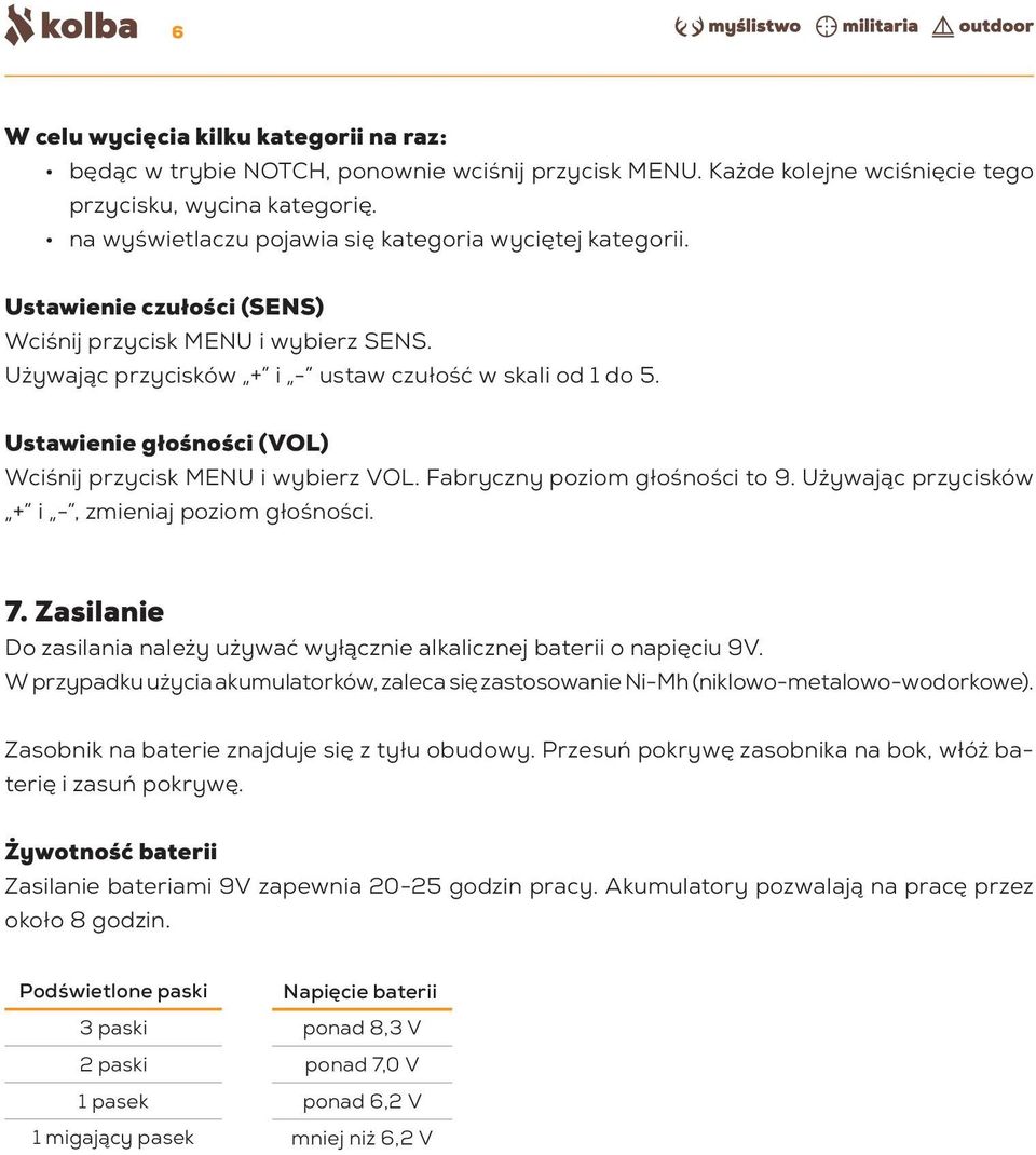 Ustawienie głośności (VOL) Wciśnij przycisk MENU i wybierz VOL. Fabryczny poziom głośności to 9. Używając przycisków + i -, zmieniaj poziom głośności. 7.