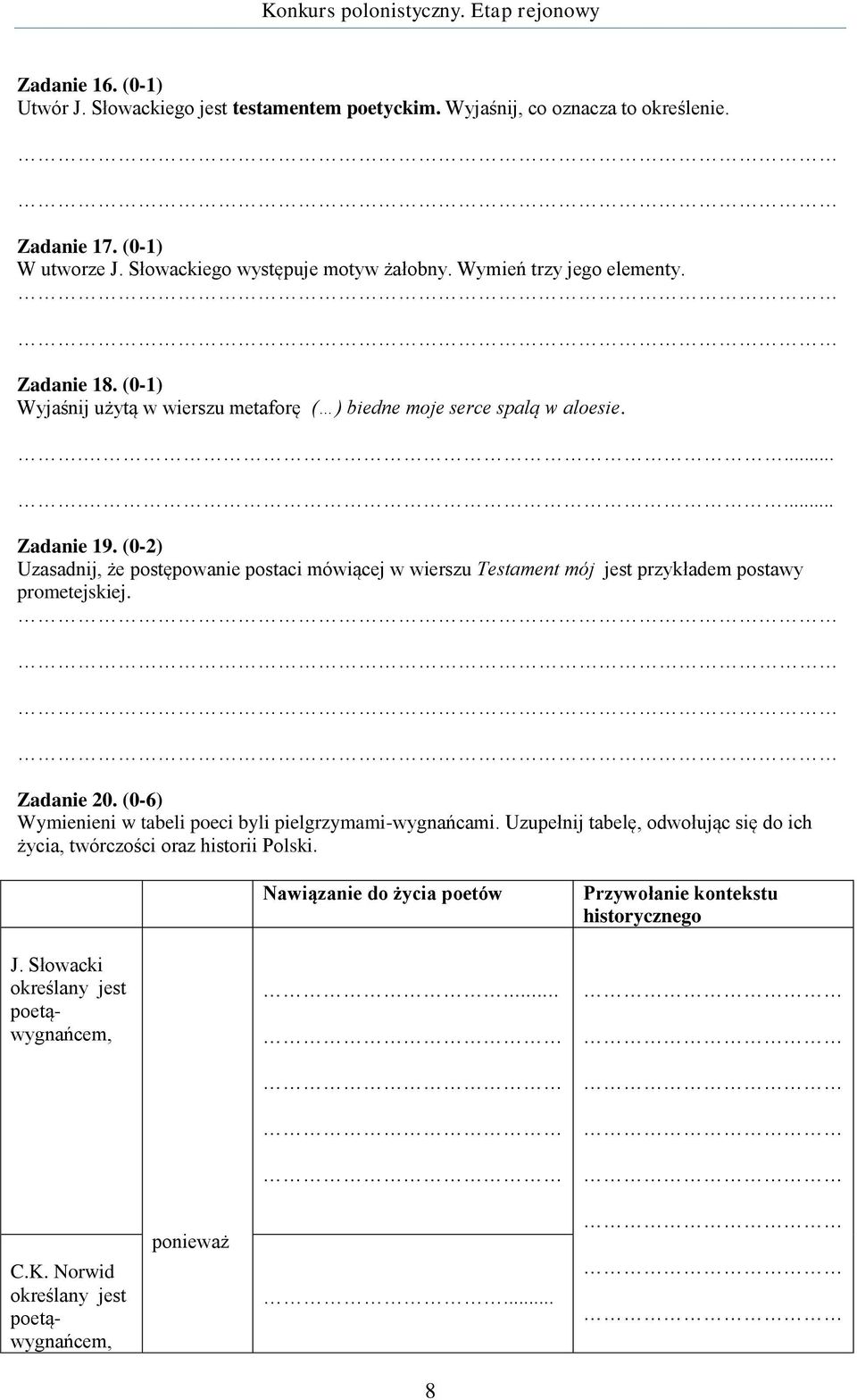 (0-2) Uzasadnij, że postępowanie postaci mówiącej w wierszu Testament mój jest przykładem postawy prometejskiej. Zadanie 20.