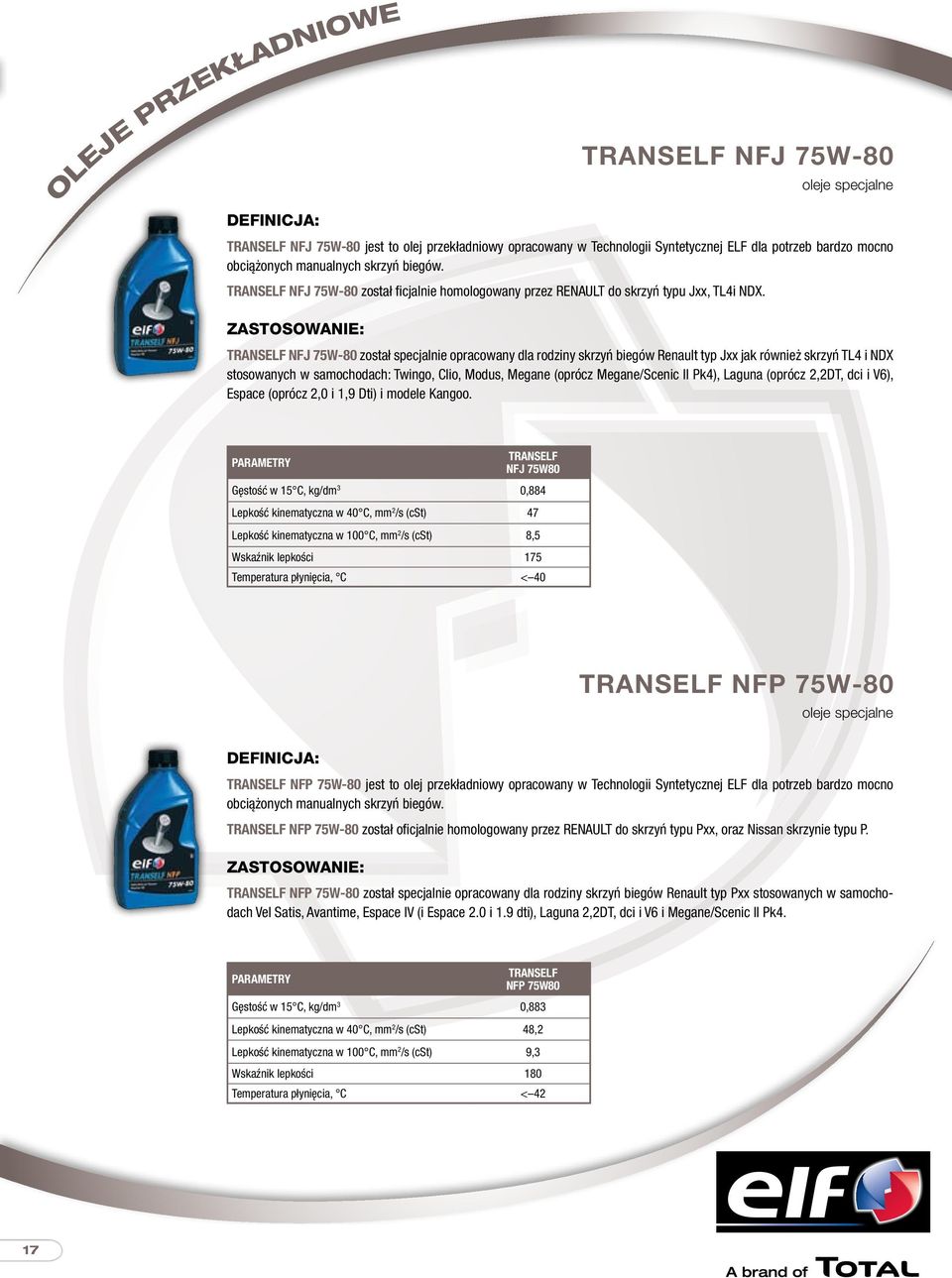 ZASTOSOWANIE: TRANSELF NFJ 75W-80 został specjalnie opracowany dla rodziny skrzyń biegów Renault typ Jxx jak również skrzyń TL4 i NDX stosowanych w samochodach: Twingo, Clio, Modus, Megane (oprócz