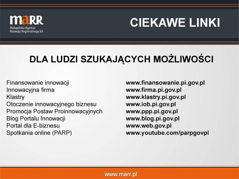 E-biznesu Spotkania online (PARP) www.finansowanie.pi.gov.pl www.firma.pi.gov.pl www.klastry.pi.gov.pl www.iob.