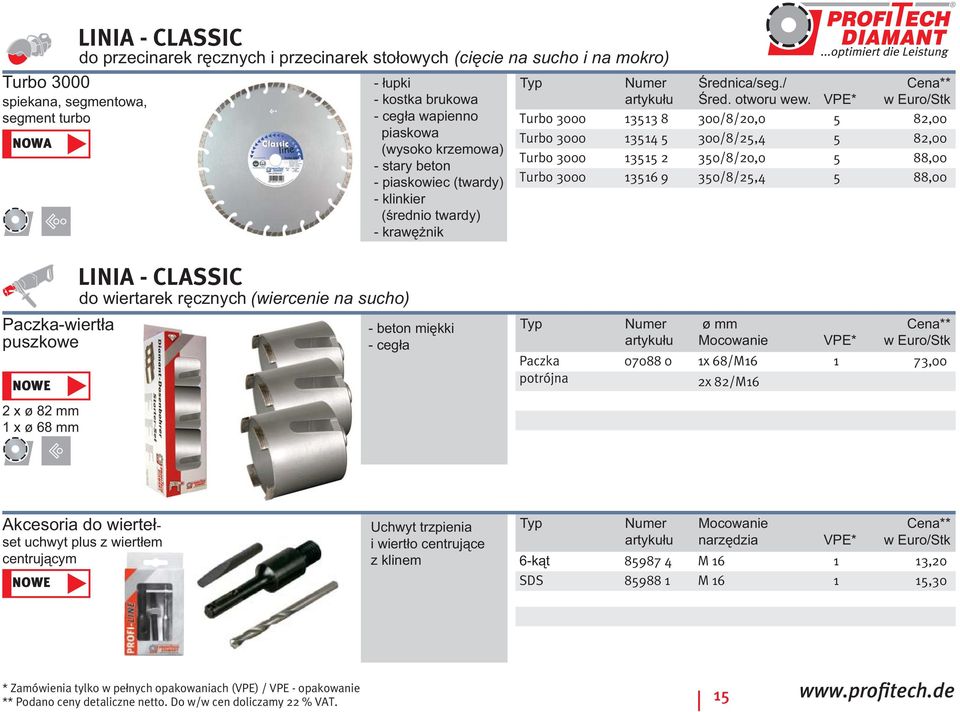 VPE* w Euro/Stk Turbo 3000 13513 8 300/8/20,0 5 82,00 Turbo 3000 13514 5 300/8/25,4 5 82,00 Turbo 3000 13515 2 350/8/20,0 5 88,00 Turbo 3000 13516 9 350/8/25,4 5 88,00 Paczka-wiertła puszkowe NOWE 2