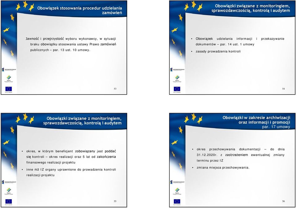 1 umowy zasady prowadzenia kontroli 53 54 Obowiązki związane z monitoringiem, sprawozdawczością, kontrolą i audytem Obowiązki w zakresie archiwizacji oraz informacji i promocji par.