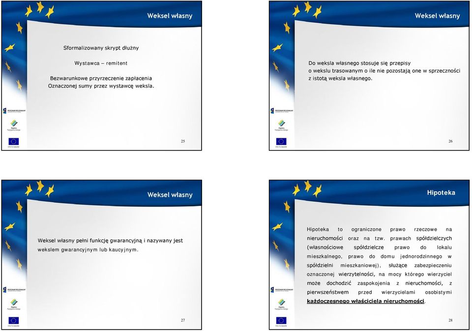 25 26 Weksel własny Hipoteka Hipoteka to ograniczone prawo rzeczowe na Weksel własny pełni funkcję gwarancyjną i nazywany jest wekslem gwarancyjnym lub kaucyjnym. nieruchomości oraz na tzw.