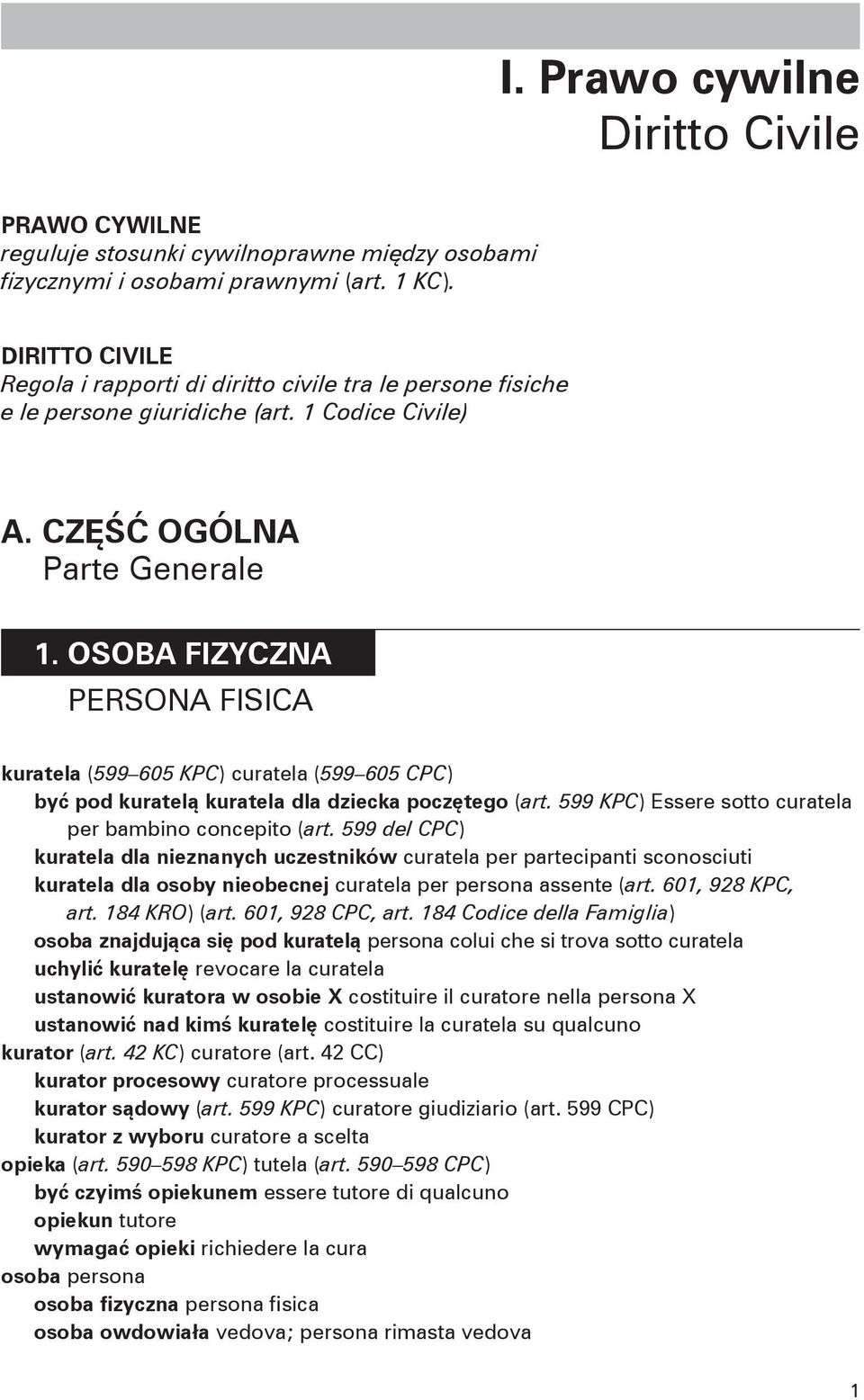 OSOBA FIZYCZNA PERSONA FISICA kuratela (599 605 KPC) curatela (599 605 CPC) być pod kuratelą kuratela dla dziecka poczętego (art. 599 KPC) Essere sotto curatela per bambino concepito (art.