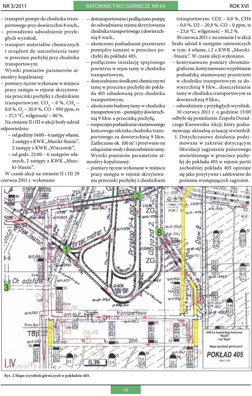 Wyniki pomiarów parametrów atmosfery kopalnianej: pomiary ręczne wykonane w miejscu pracy zastępu w rejonie skrzyżowania przecinki pochyłej z chodnikiem transportowym: CO 2 0 %, CH 4 0,0 %, O 2 20,9