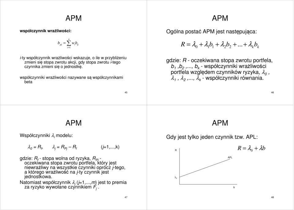 współczynnk wrażlwośc nazywane są współczynnkam beta gdze: - oczekwana stopa zwrotu portfela, b,b,..., b k - współczynnk wrażlwośc portfela względem czynnków ryzyka, λ 0, λ, λ,.