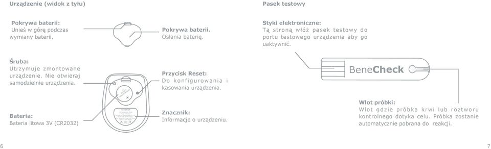 3V Przycisk Reset: Do konfigurowania i kasowania urządzenia. BeneCheck CR2032 Bateria: Bateria litowa 3V (CR2032) BeneCheck Hb Hemoglobin Meter Model : PD-G017 General Life Biotechnology Co.