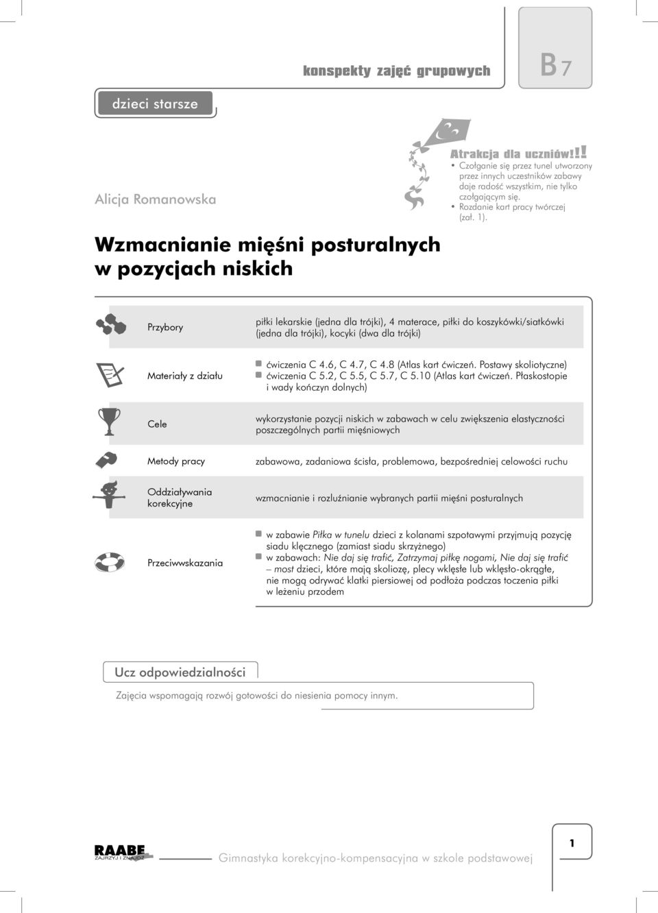 Przybory piłki lekarskie (jedna dla trójki), 4 materace, piłki do koszykówki/siatkówki (jedna dla trójki), kocyki (dwa dla trójki) Materiały z działu ćwiczenia C 4.6, C 4.7, C 4.8 (Atlas kart ćwiczeń.