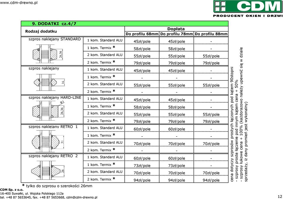 Termix * 58zł/pole 58zł/pole - 2 kom. Standard ALU 55zł/pole 55zł/pole 55zł/pole 2 kom. Termix * 79zł/pole 79zł/pole 79zł/pole 1 kom. Standard ALU 45zł/pole 45zł/pole - 1 kom. Termix * - - - 2 kom.