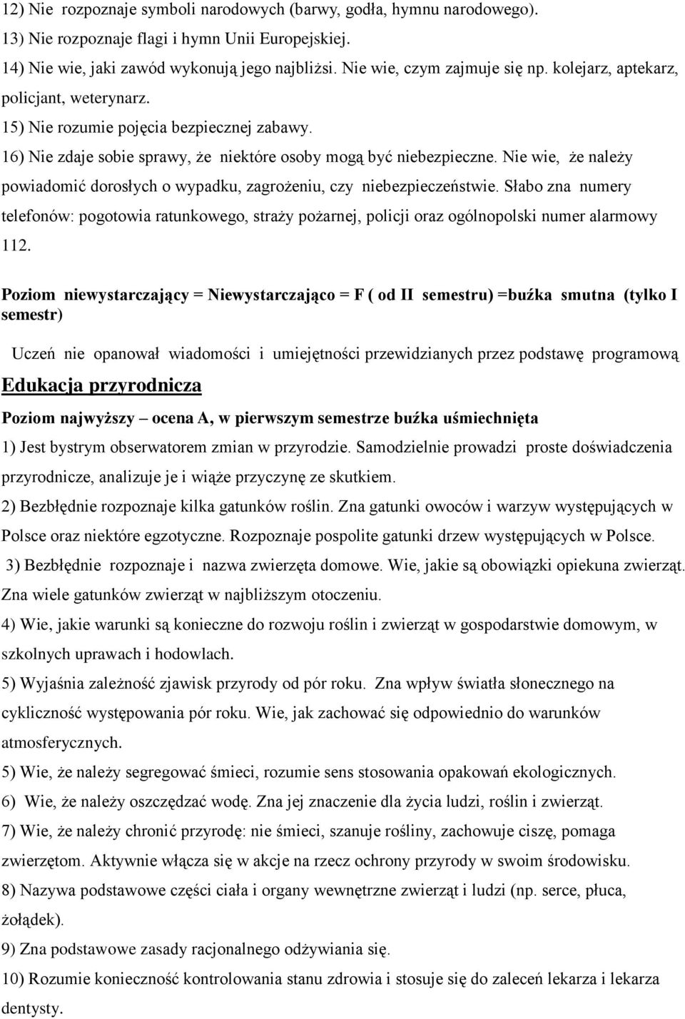 Nie wie, że należy powiadomić dorosłych o wypadku, zagrożeniu, czy niebezpieczeństwie. Słabo zna numery telefonów: pogotowia ratunkowego, straży pożarnej, policji oraz ogólnopolski numer alarmowy 112.