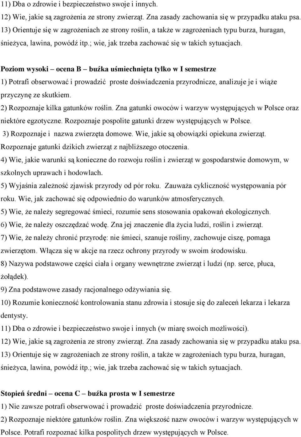 Poziom wysoki ocena B buźka uśmiechnięta tylko w I semestrze 1) Potrafi obserwować i prowadzić proste doświadczenia przyrodnicze, analizuje je i wiąże przyczynę ze skutkiem.