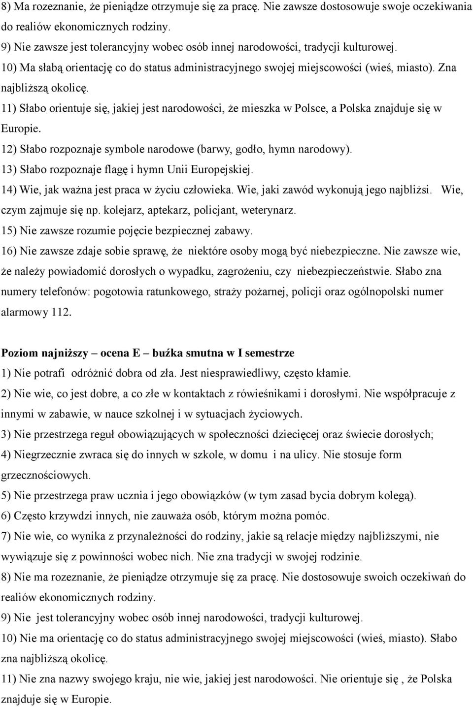 11) Słabo orientuje się, jakiej jest narodowości, że mieszka w Polsce, a Polska znajduje się w Europie. 12) Słabo rozpoznaje symbole narodowe (barwy, godło, hymn narodowy).