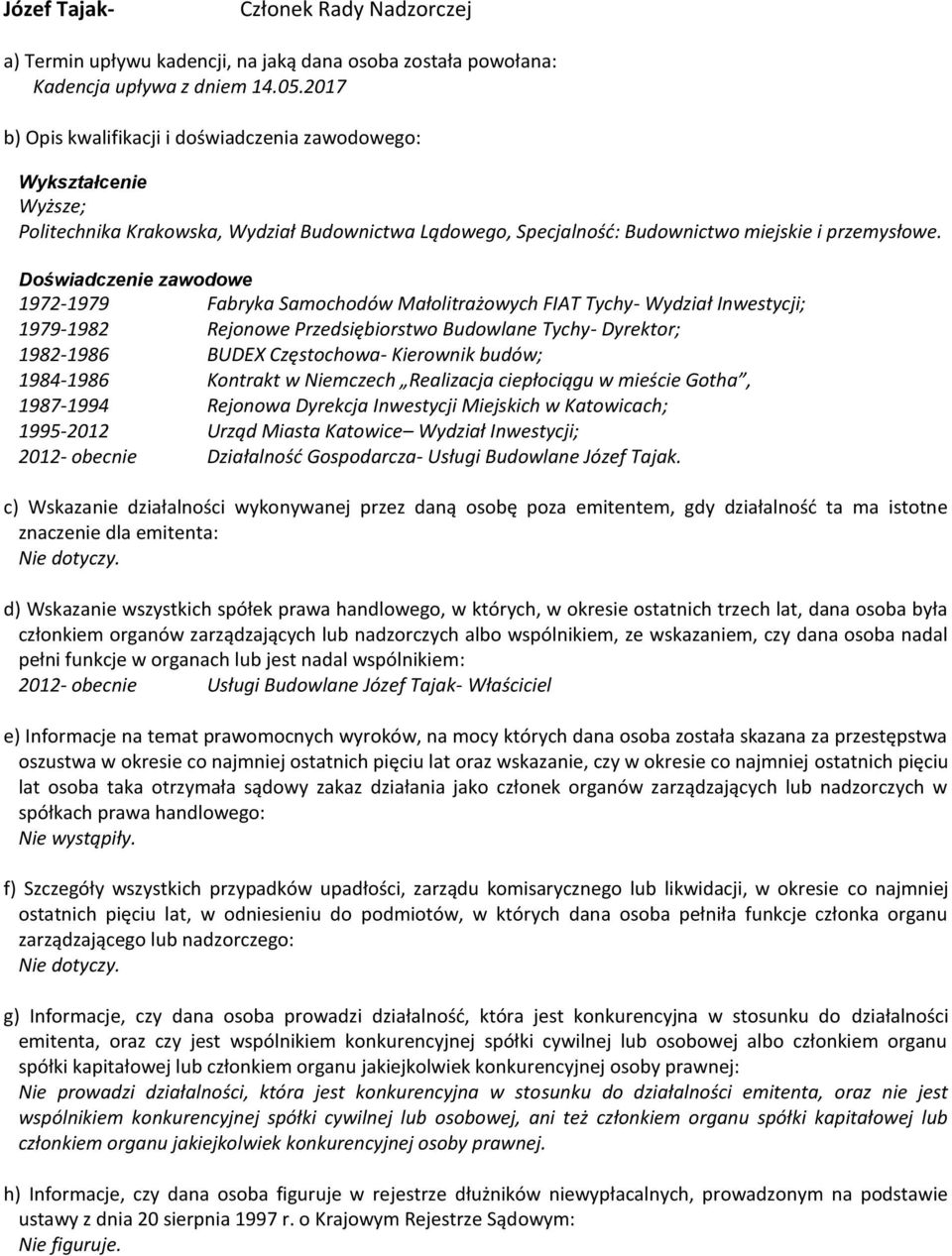 BUDEX Częstochowa- Kierownik budów; 1984-1986 Kontrakt w Niemczech Realizacja ciepłociągu w mieście Gotha, 1987-1994 Rejonowa Dyrekcja Inwestycji