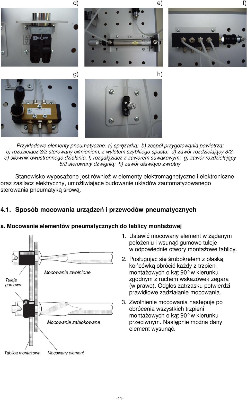 elektromagnetyczne i elektroniczne oraz zasilacz elektryczny, umoŝliwiające budowanie układów zautomatyzowanego sterowania pneumatyką siłową. 4.1.