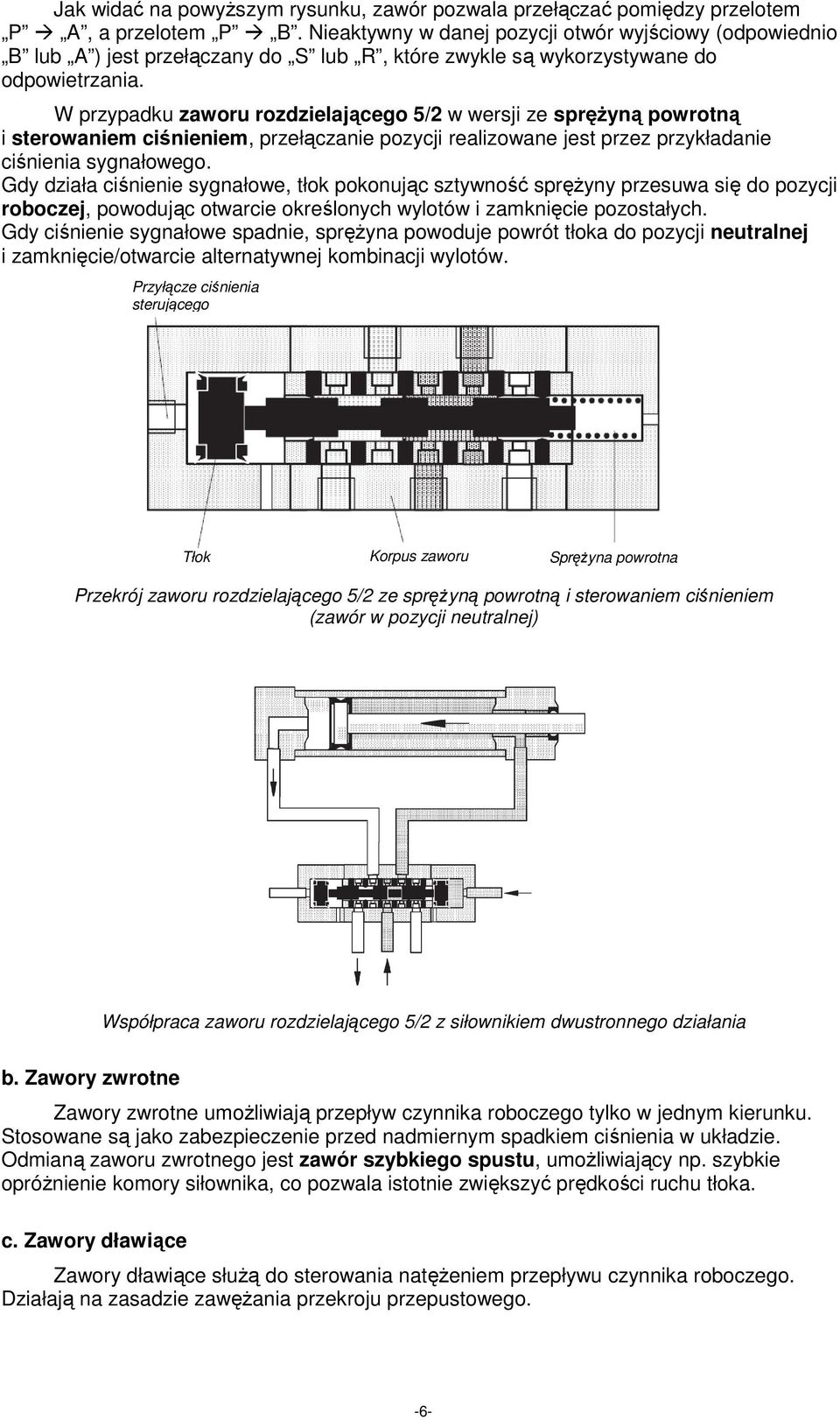 W przypadku zaworu rozdzielającego 5/2 w wersji ze spręŝyną powrotną i sterowaniem ciśnieniem, przełączanie pozycji realizowane jest przez przykładanie ciśnienia sygnałowego.