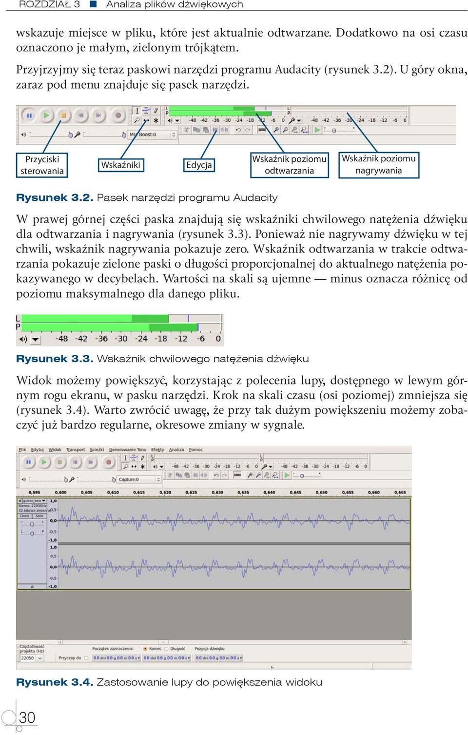 Przyciski sterowania Wskaźniki Edycja Wskaźnik poziomu odtwarzania Wskaźnik poziomu nagrywania Rysunek 3.2.