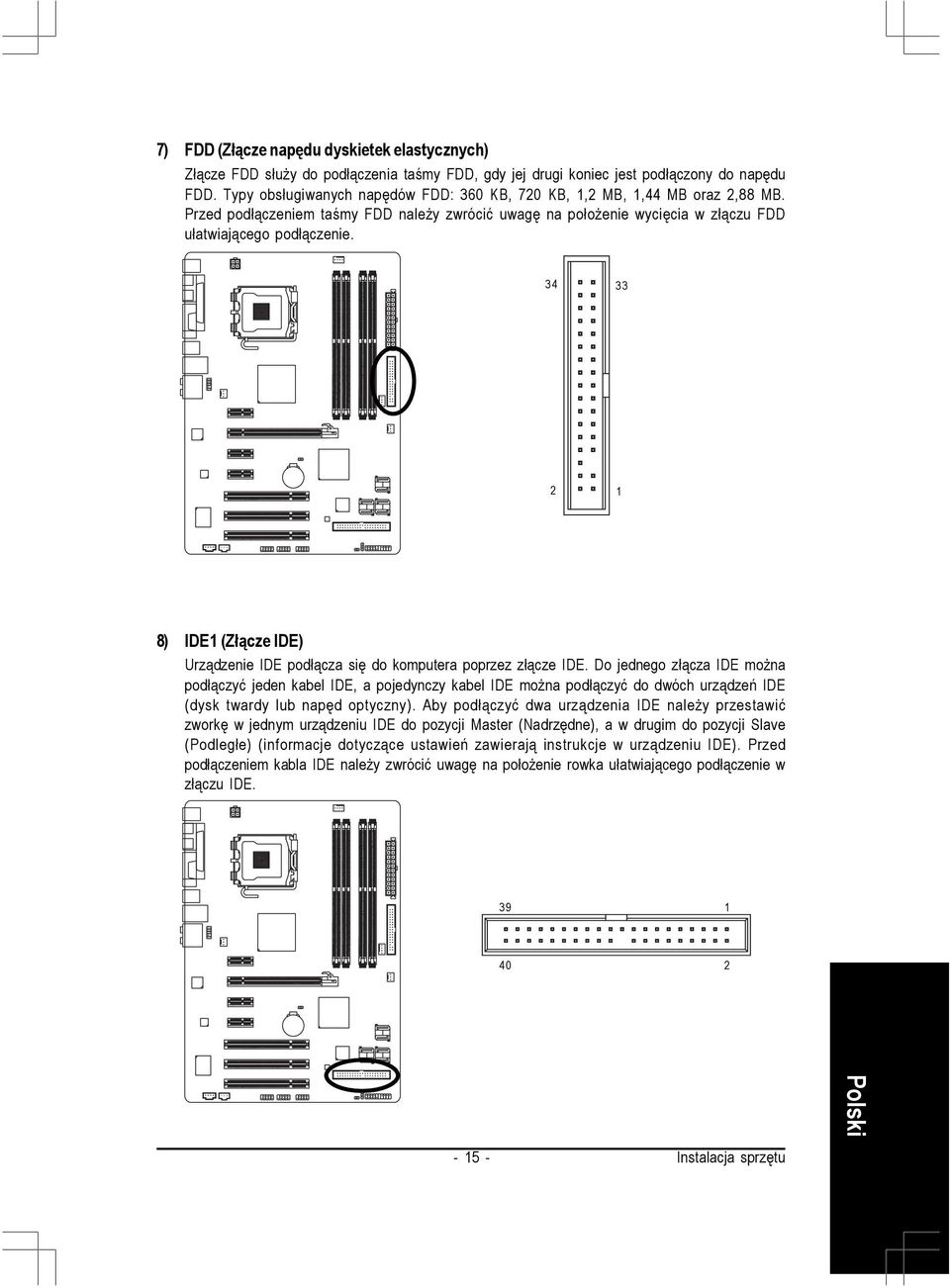 34 33 2 8) IDE (Złącze IDE) Urządzenie IDE podłącza się do komputera poprzez złącze IDE.
