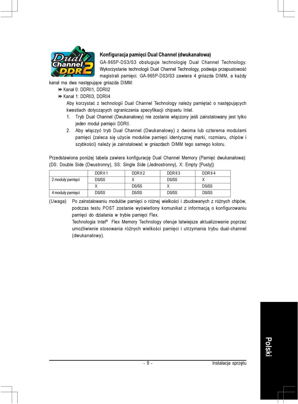 GA-965P-DS3/S3 zawiera 4 gniazda DIMM, a każdy kanał ma dwa następujące gniazda DIMM: Kanał 0: DDRII, DDRII2 Kanał : DDRII3, DDRII4 Aby korzystać z technologii Dual Channel Technology należy pamiętać