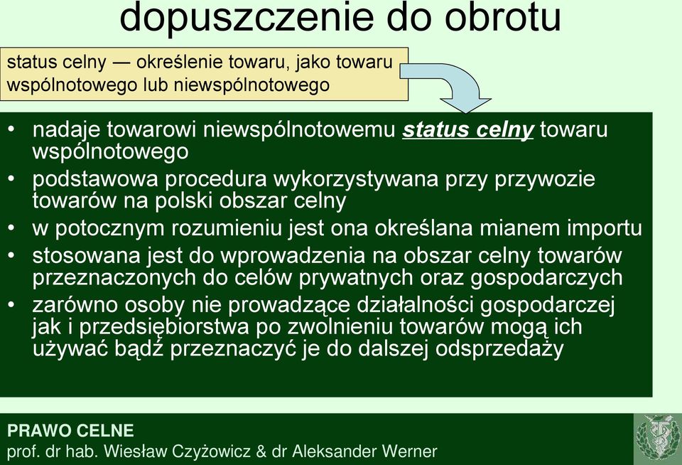 określana mianem importu stosowana jest do wprowadzenia na obszar celny towarów przeznaczonych do celów prywatnych oraz gospodarczych zarówno