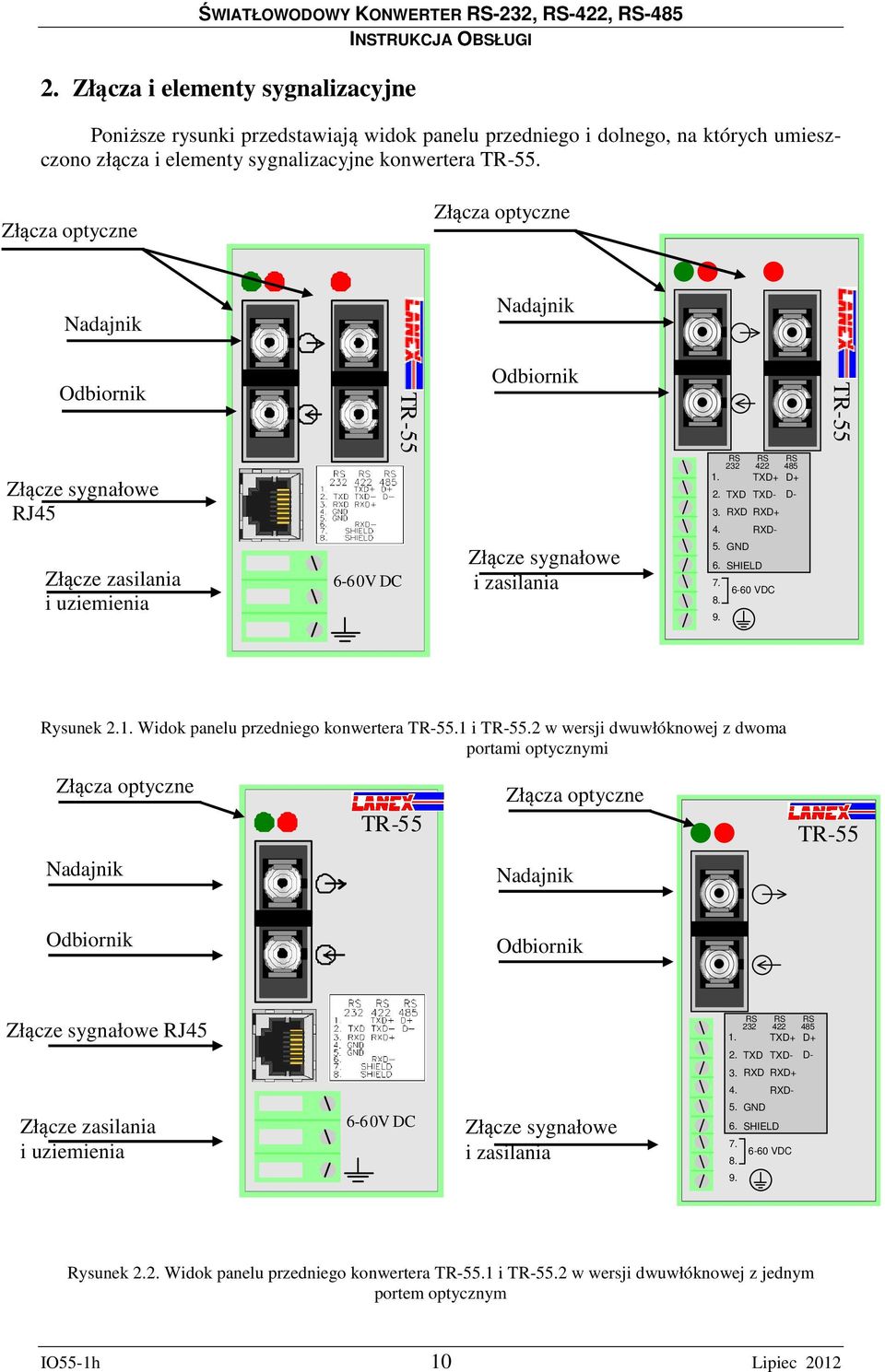 RXD- Złącze zasilania i uziemienia 6-60V DC Złącze sygnałowe i zasilania 5. GND 6. SHIELD 7. 8. 9. 6-60 VDC Rysunek 2.1. Widok panelu przedniego konwertera.1 i.
