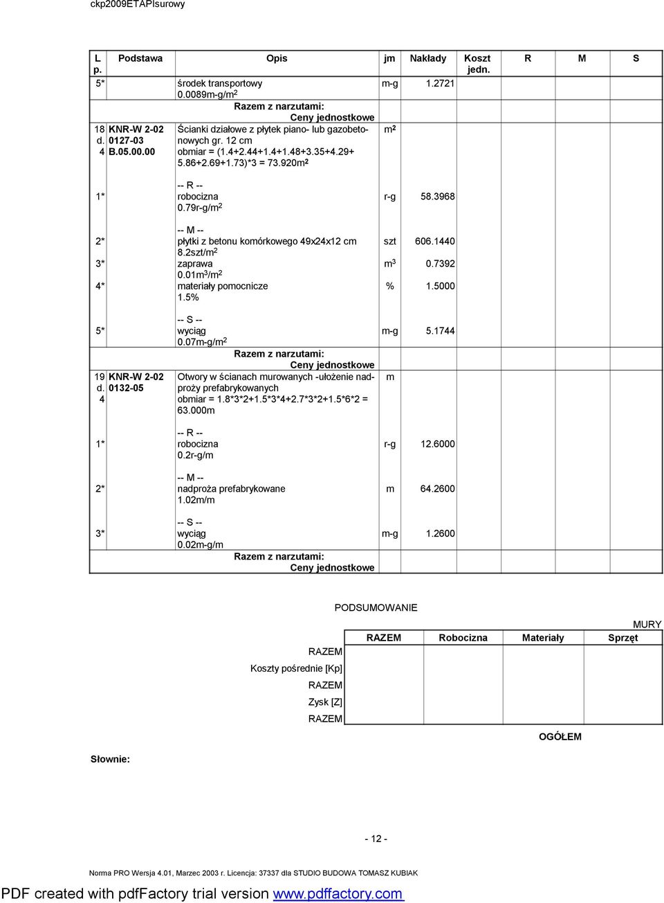 01 / 4 materiały pomocnicze 5 wyciąg 0.07m-g/ m-g 5.1744 19 KNR-W 2-02 d. 0132-05 4 Otwory w ścianach murowanych -ułożenie nadproży prefabrykowanych obmiar = 1.832+1.534+2.