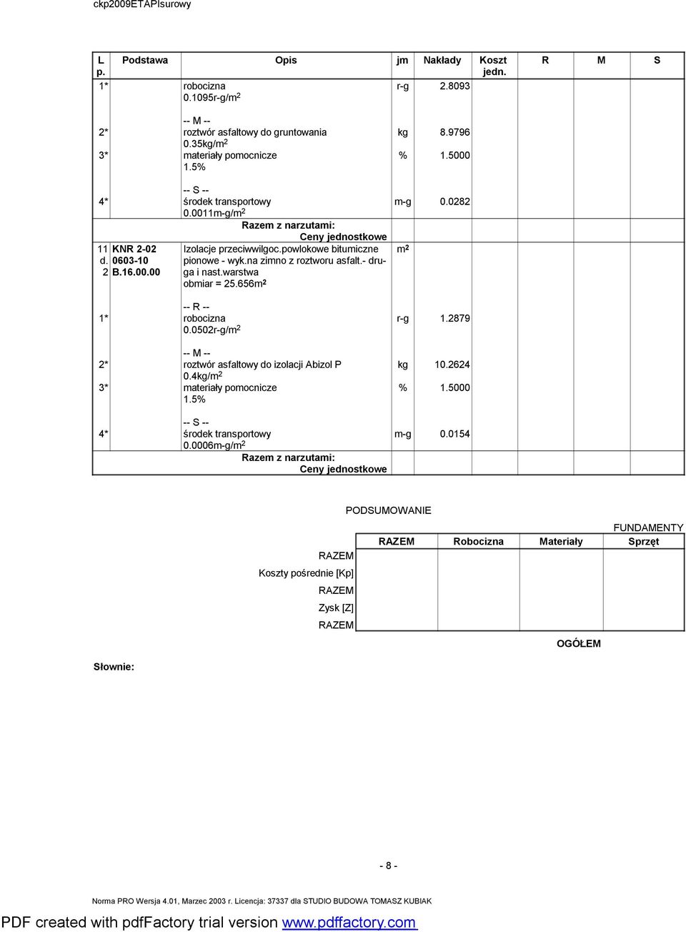 - druga i nast.warstwa obmiar = 25.656 0.0502r-g/ r-g 1.2879 kg 10.2624 2 roztwór asfaltowy do izolacji Abizol P 0.